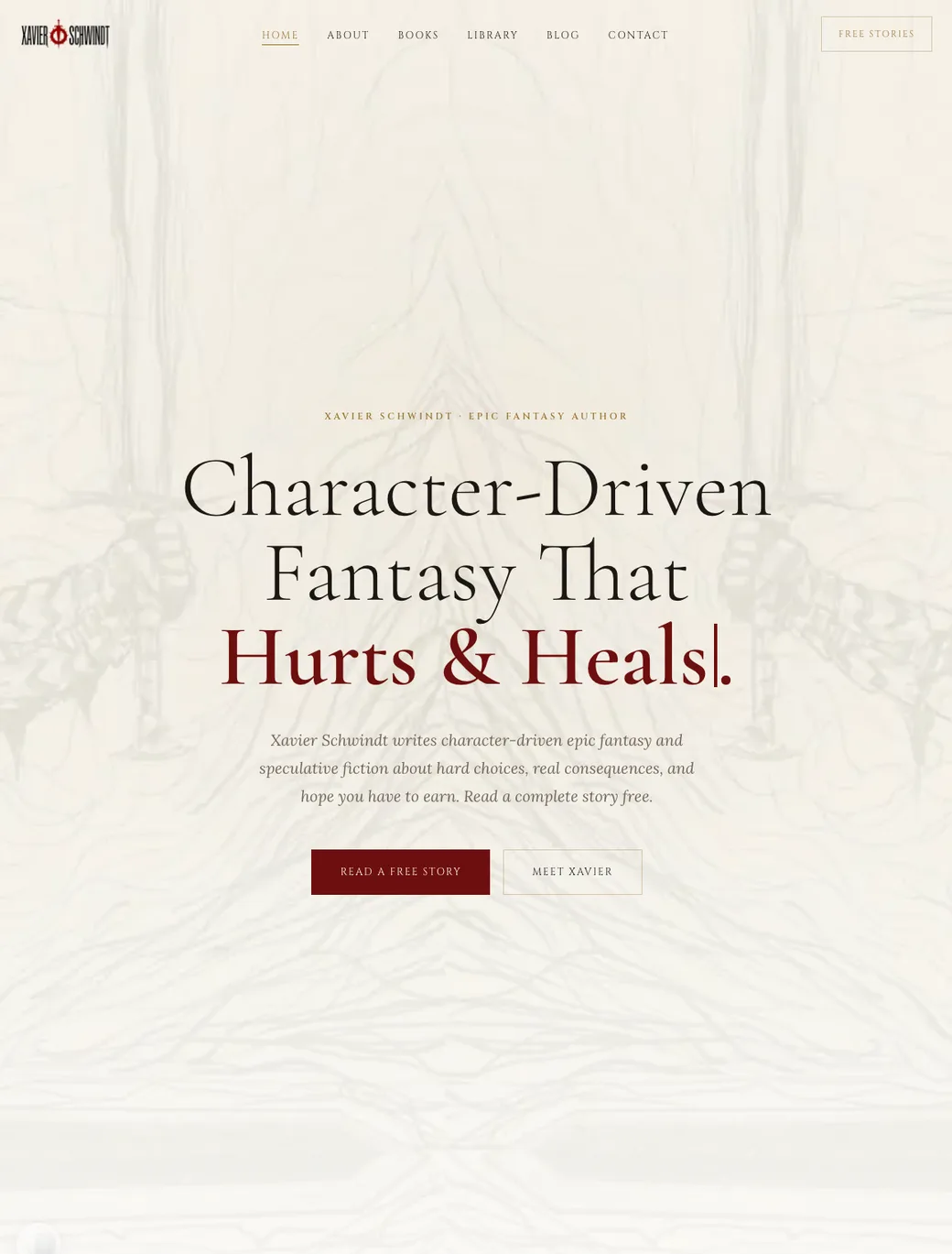 Home page of xavierschwindt.com — a parchment hero reading Character-Driven Fantasy That Hurts & Heals.